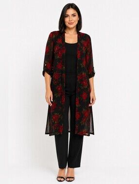 Ember Black Sheer Floral Open Front Kimono Cardigan | Red Rose Print | Size M